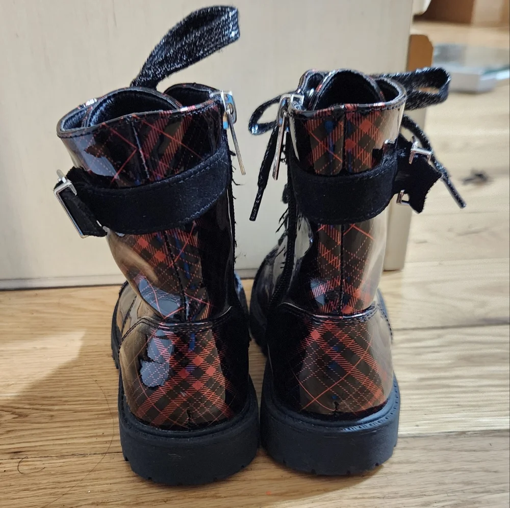 Jessica Simpson Lace Up Boots Zipper Plaid Bedazzle Size 12 Combat Boot